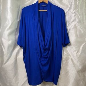 Relaxed Fit Royal Blue Oversized Cowl Neck Short Sleeve Faux Wrap Blouse
